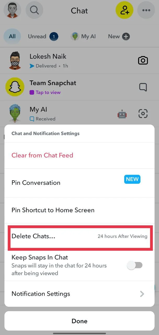 Select Delete Chats option in Snapchat