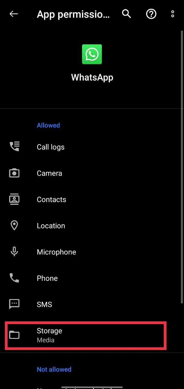 Remove and re-enable storage access for WhatsApp