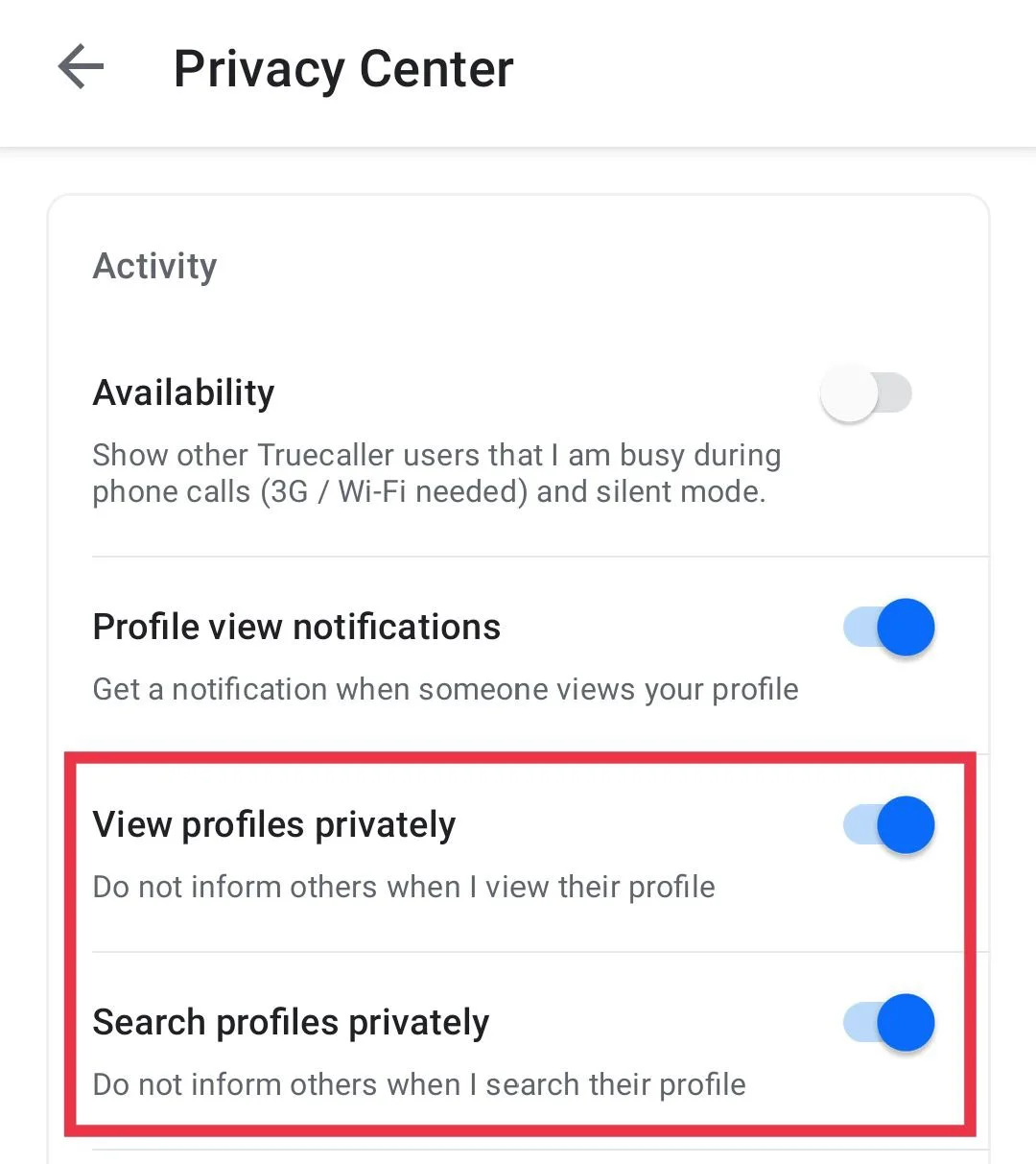 Enable View profiles privately and Search profiles privately in Truecaller