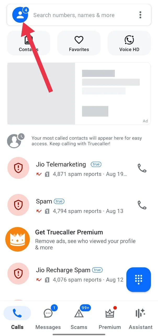 Tap on your profile icon in the top left corner of the Truecaller app