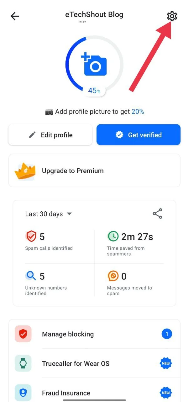 Tap the gear icon in the top right corner to open settings in Truecaller