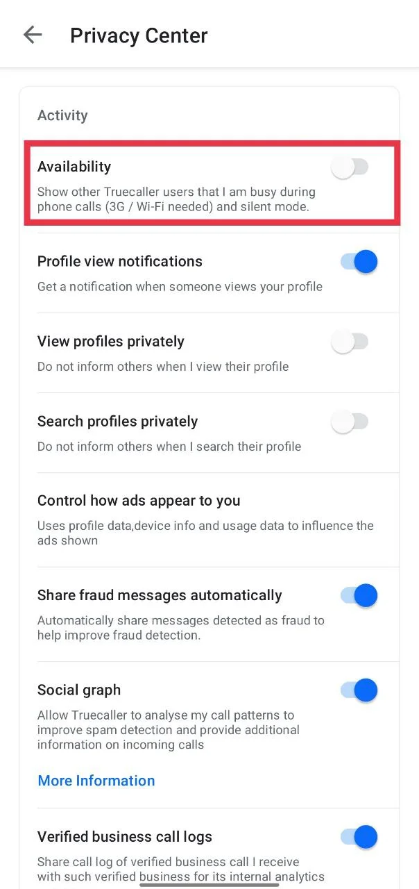 Turn off the toggle for Availability in Truecaller to hide last seen