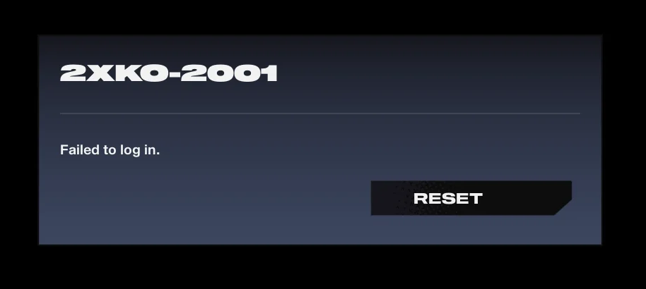 Screenshot showing 2XKO “Failed to Log in” message with 2001 error code