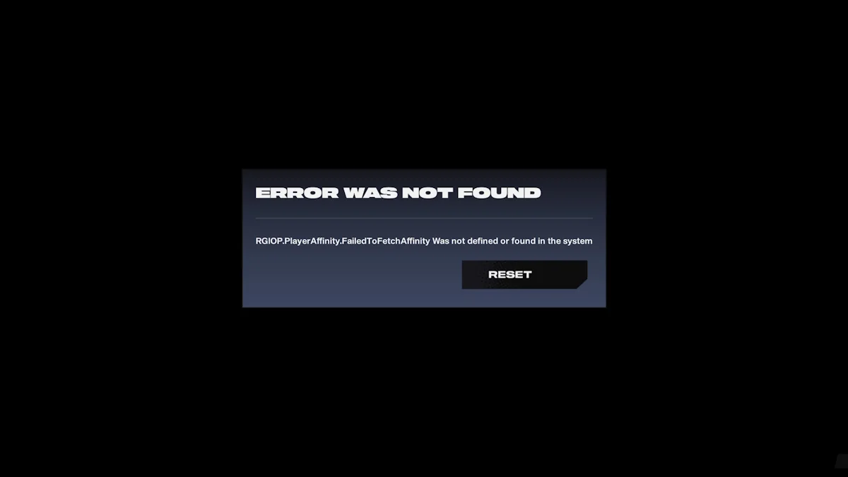 Screenshot showing 2XKO “RGIOP.PlayerAffinity.FailedToFetchAffinity Was not defined or found in the system” error message