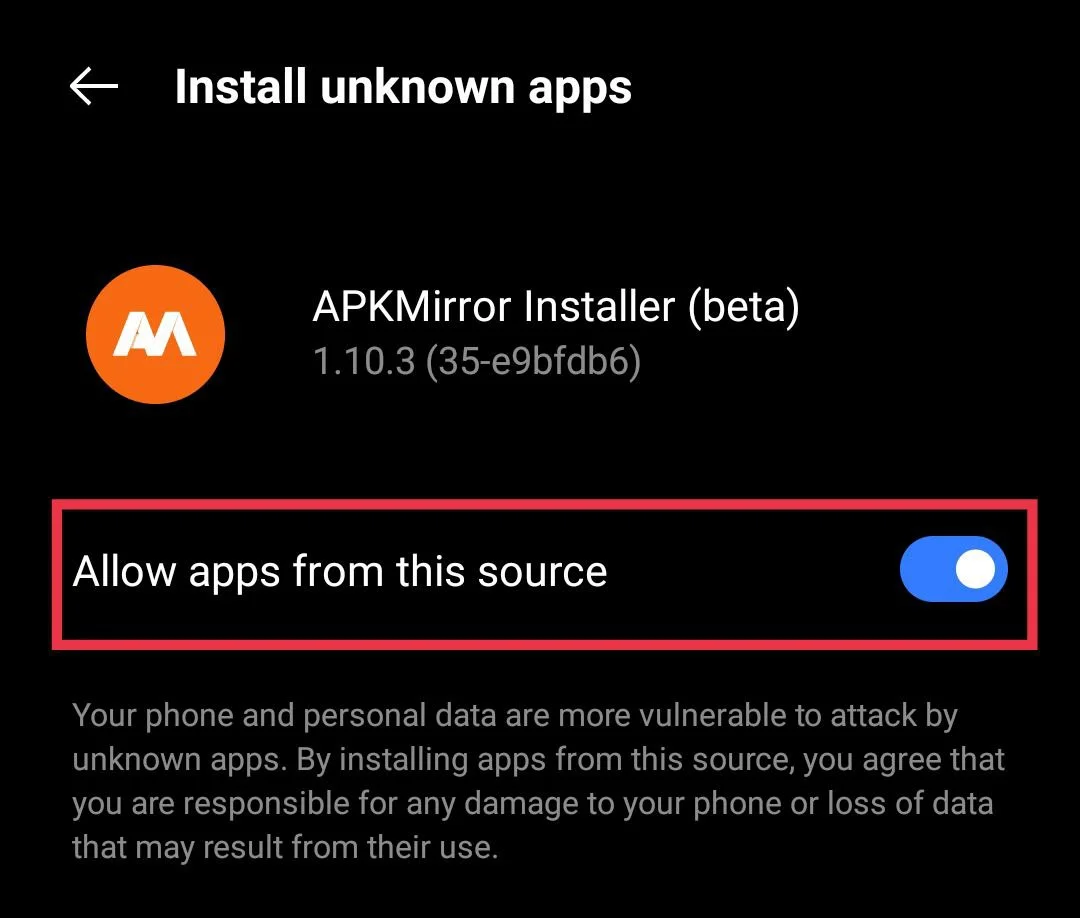 Allow apps from this source option enabled for APKMirror Installer