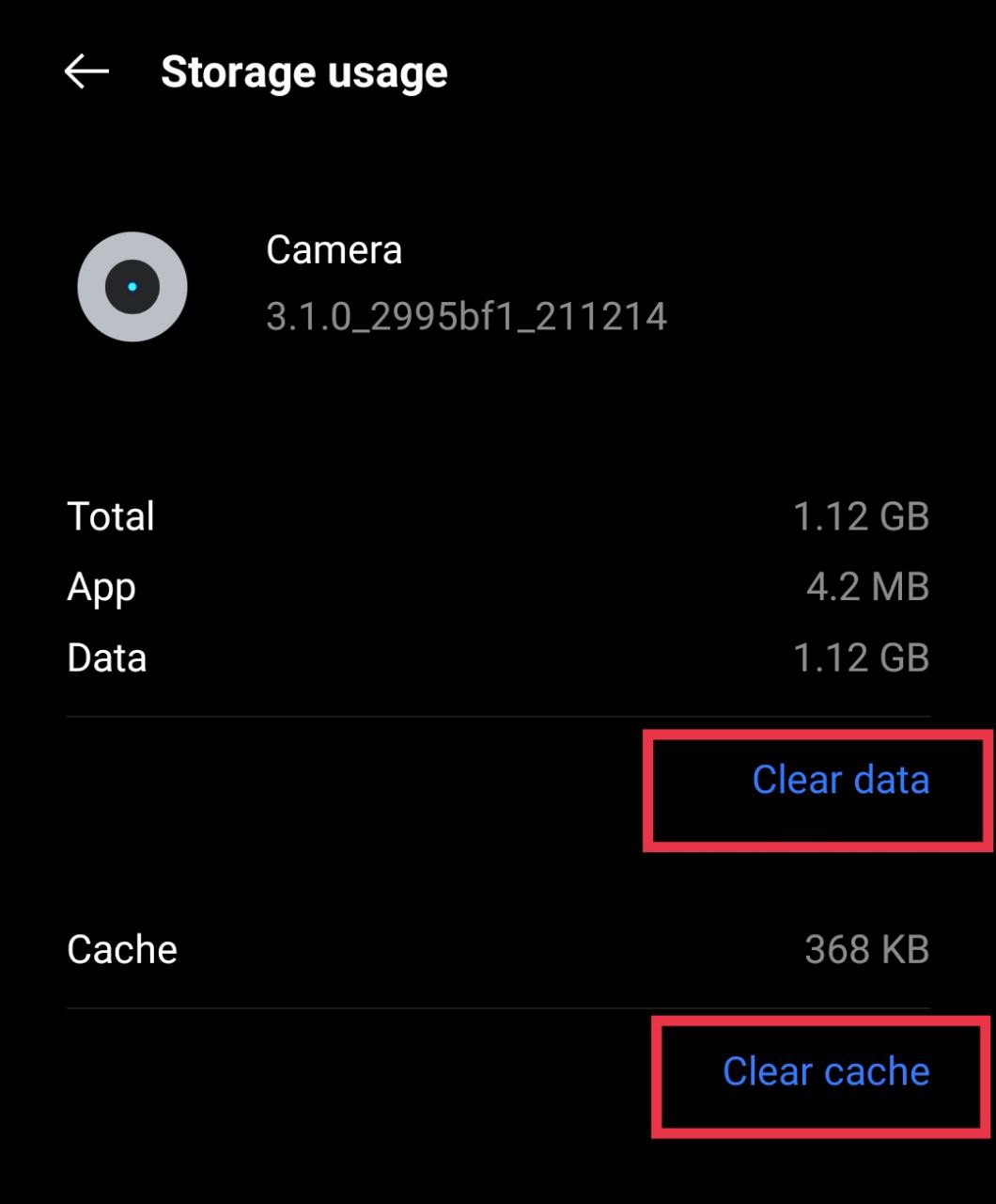 Tap Clear Cache and Clear Data of the Camera app