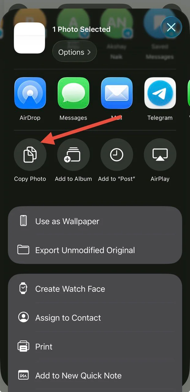 Select “Copy Photo” option in iPhone gallery to share image on X (Twitter)