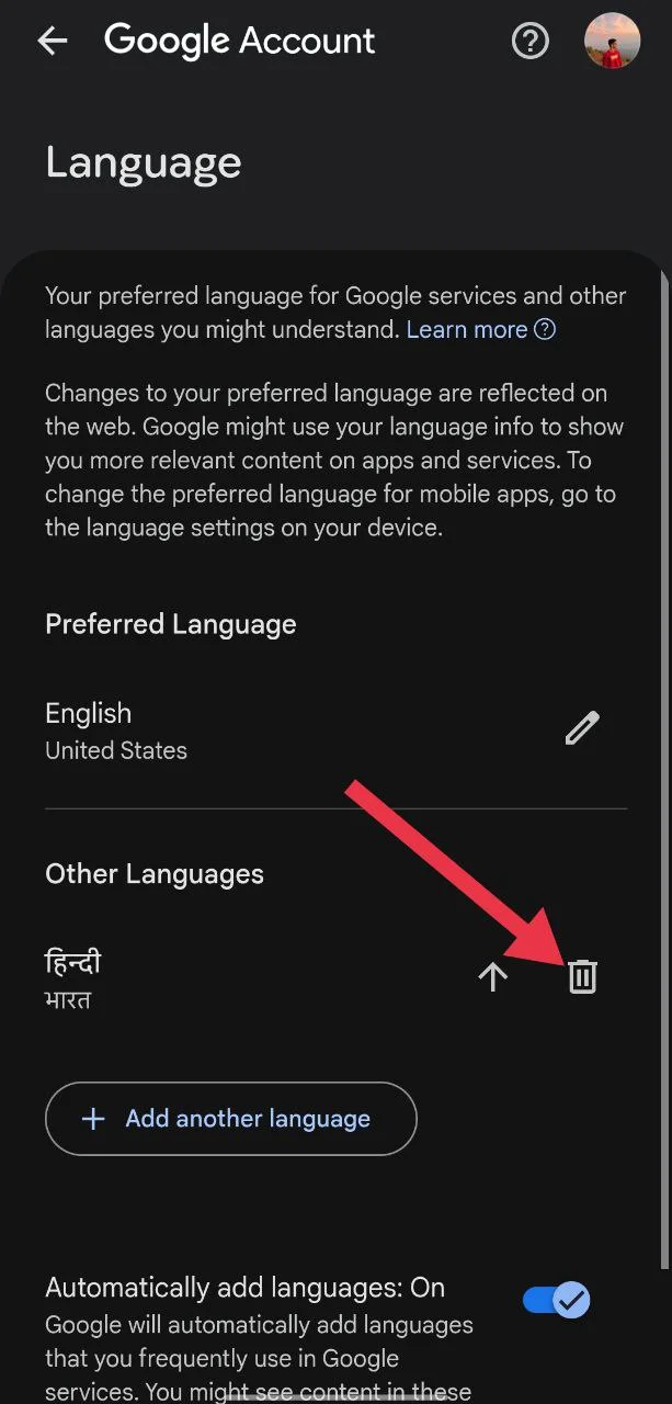 Under Other Languages, tap the delete icon next to the language you don’t need