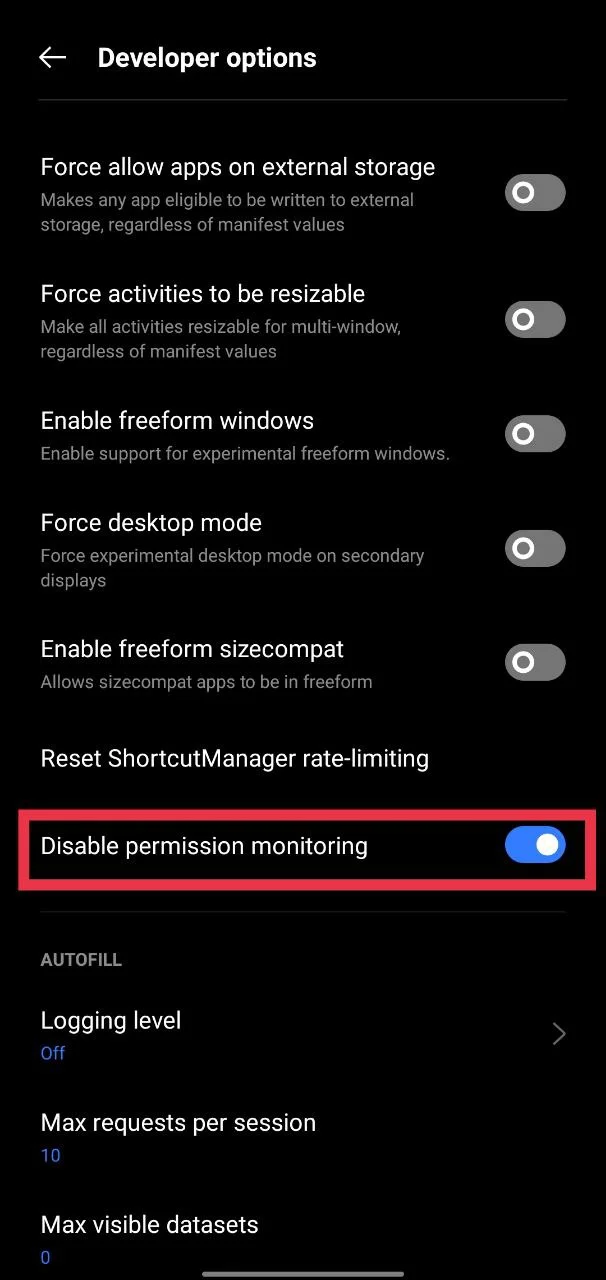 Turn on Disable permission monitoring option in Android developer settings