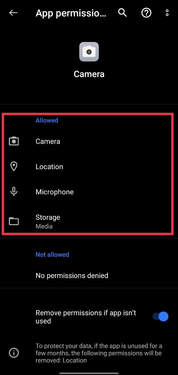 Enable Storage, Camera, and Microphone permissions for the Camera app