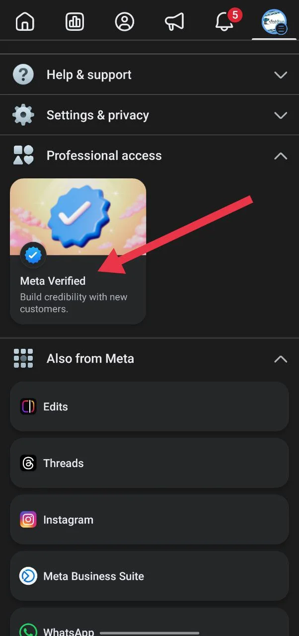 In the Facebook app, select “Meta Verified” under Professional access