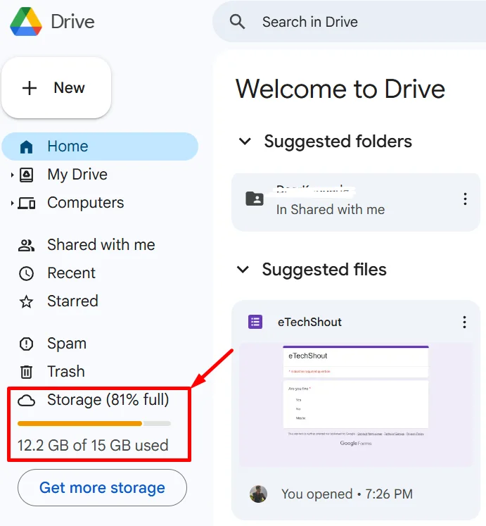 Check available Google Drive storage