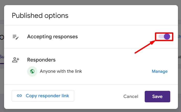 Enable the “Accepting responses” toggle in Google Form to allow submissions