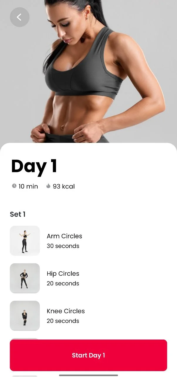 Day 1 full body workout program in JustFit App with exercises