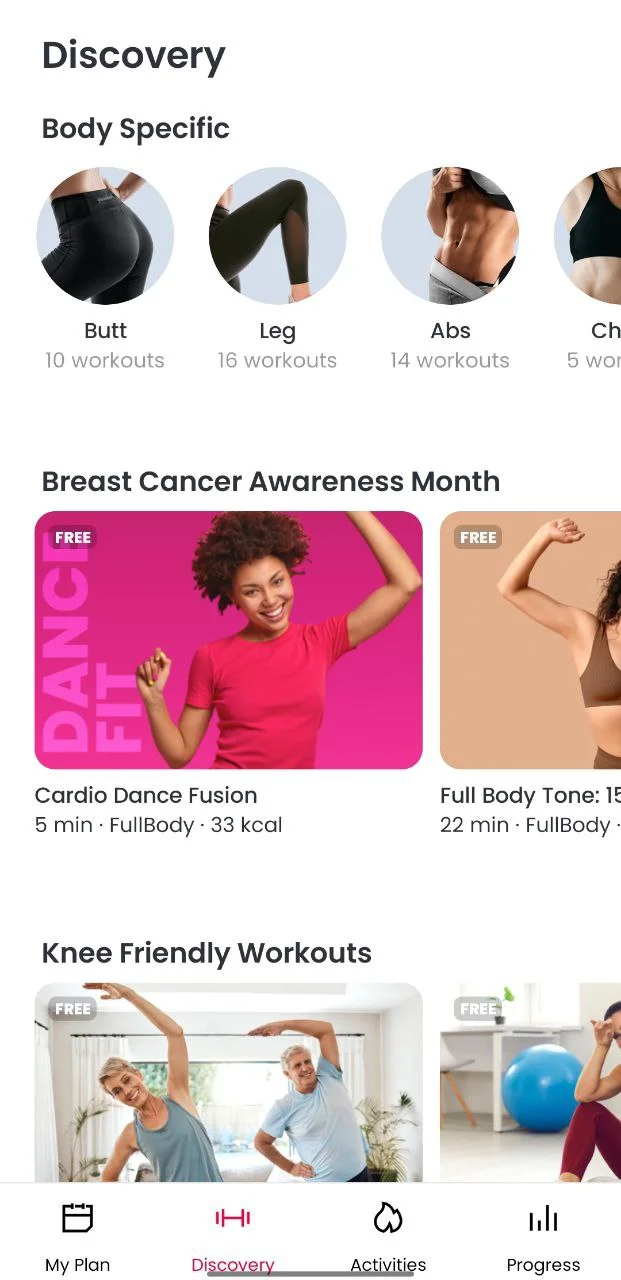 Discovery section showing body-specific workouts in JustFit