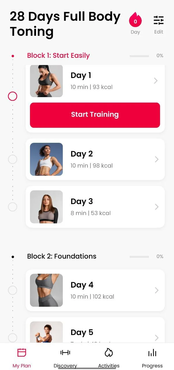JustFit App home screen showing 28-day workout program