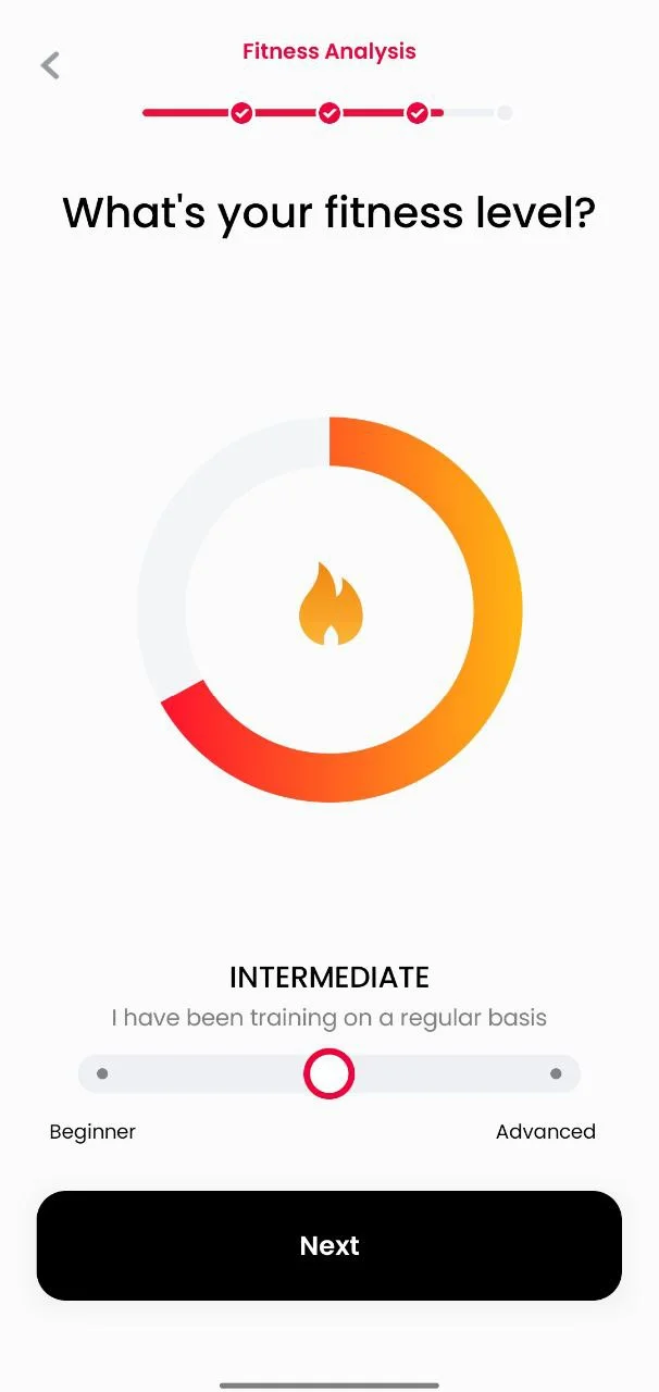 Choosing current fitness level in JustFit App during setup