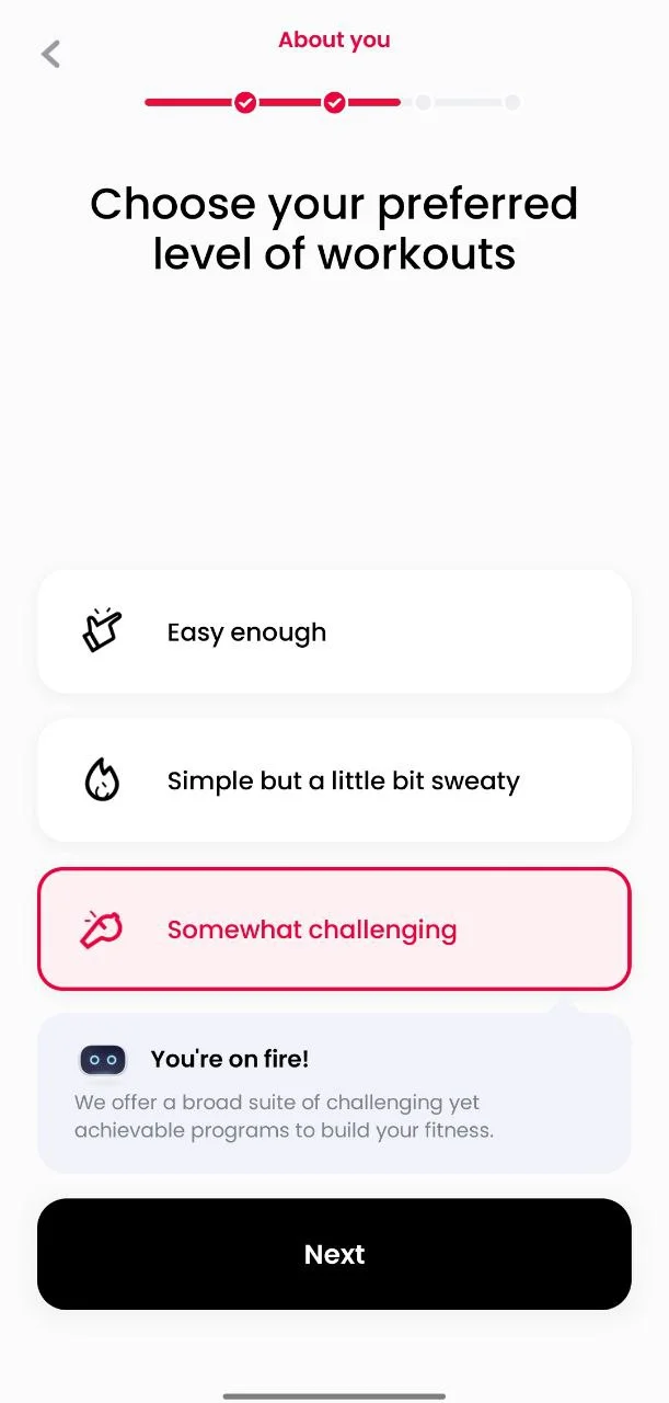 Selecting preferred type of workouts in JustFit App setup
