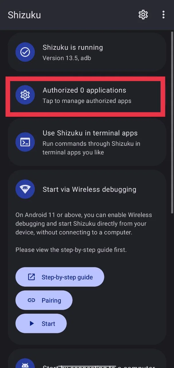 Tap Manage authorized apps inside the Shizuku app on Android