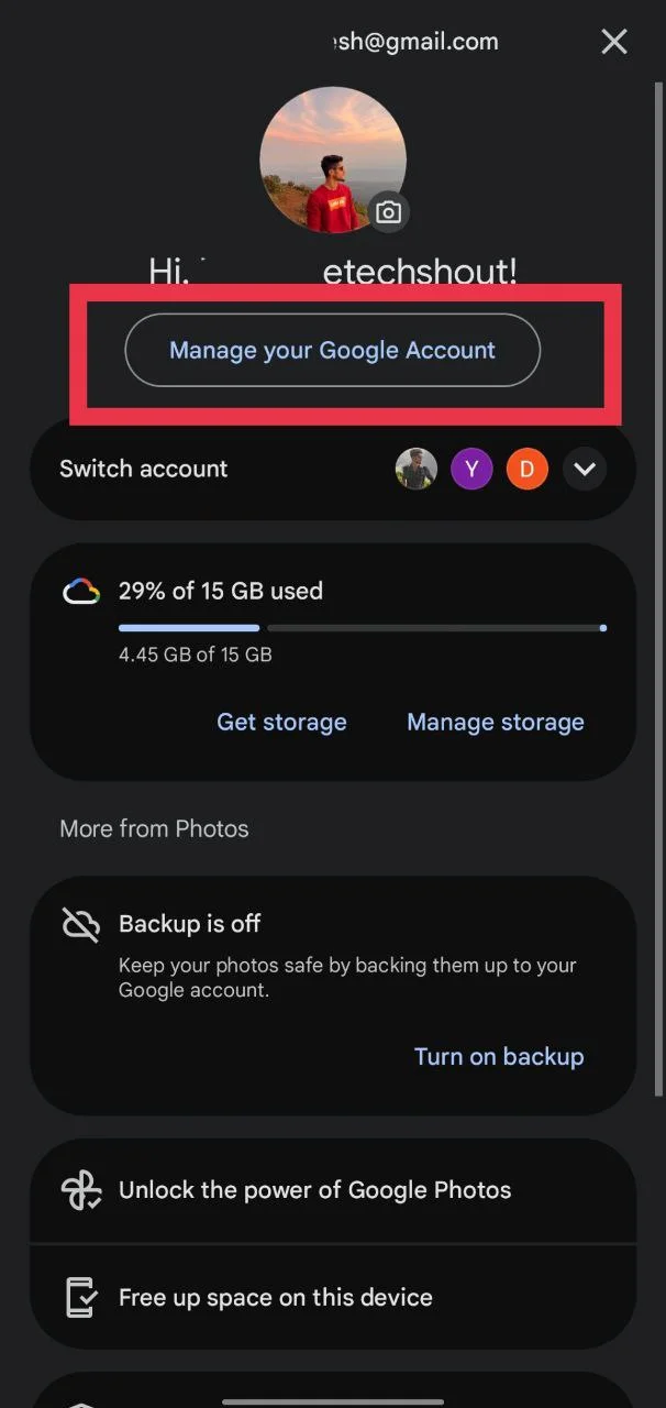 Tap on Manage your Google Account option inside Google Photos