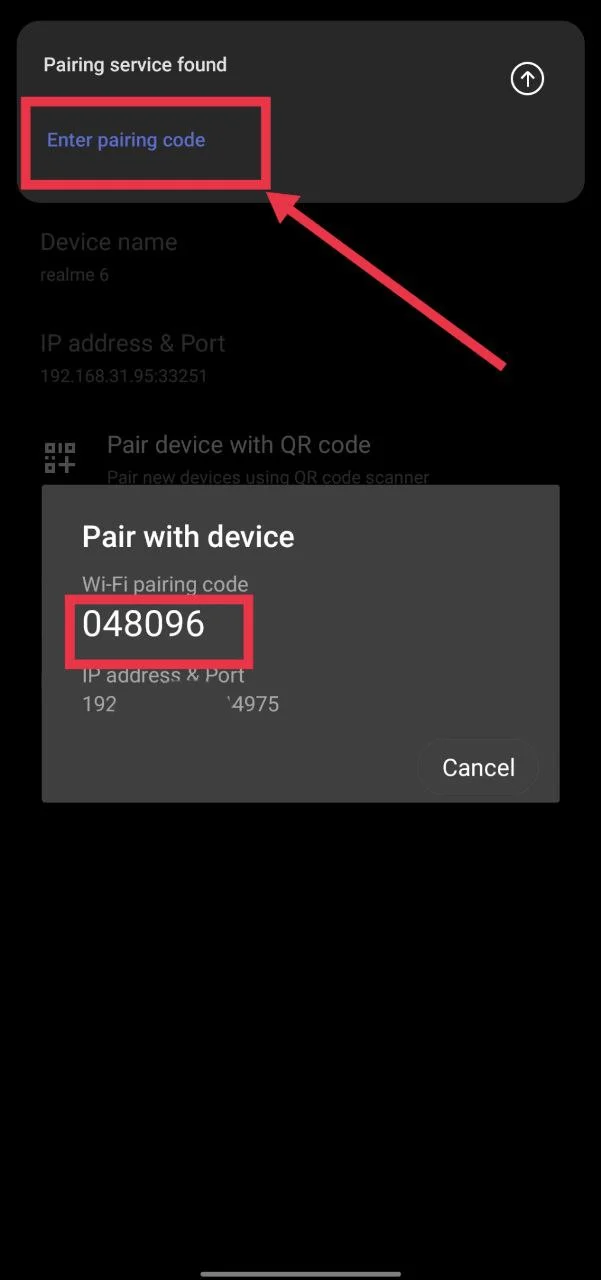 Tap Pair device with pairing code under Wireless debugging settings