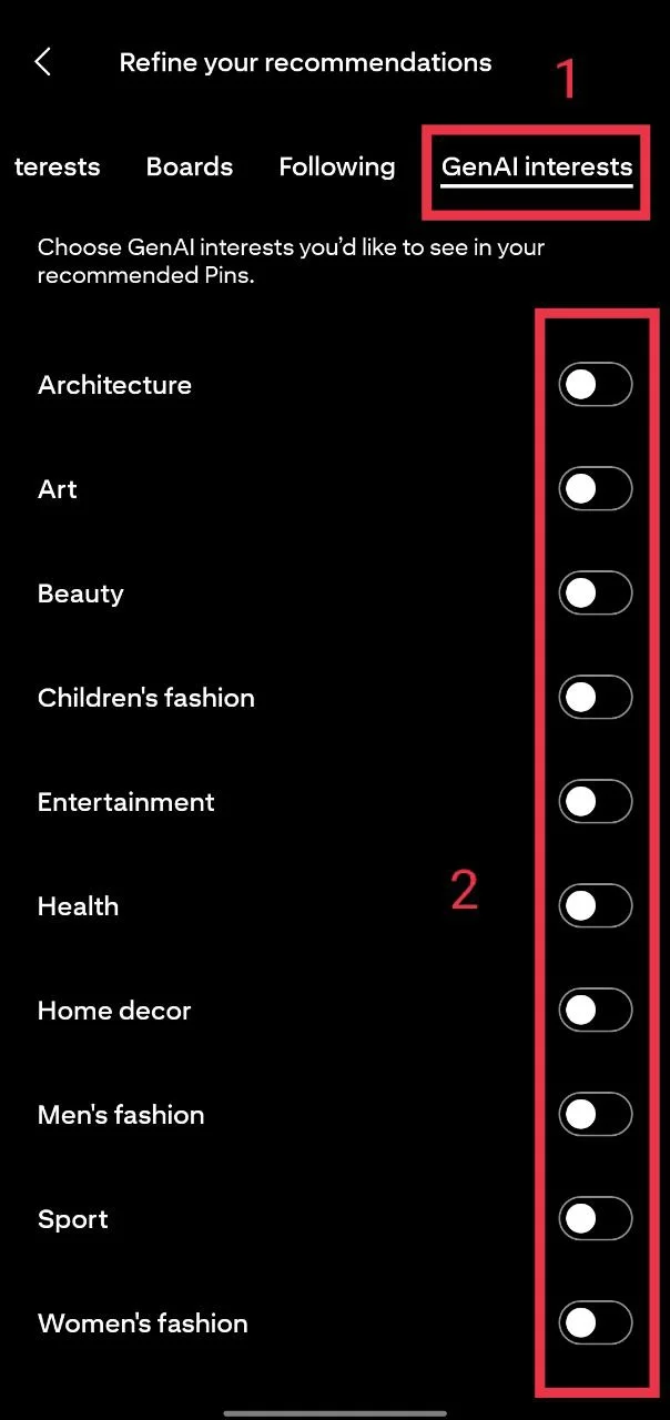 In the Pinterest app, open the GenAI interests tab and switch off all toggles to stop AI-generated images from showing in your feed