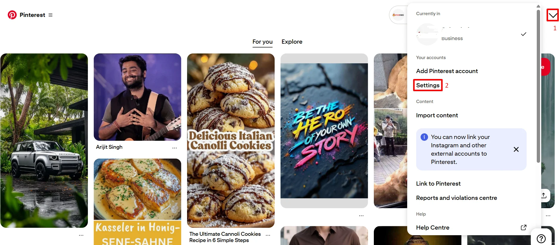 On a Pinterest business account, click the down arrow at the top right corner and select Settings