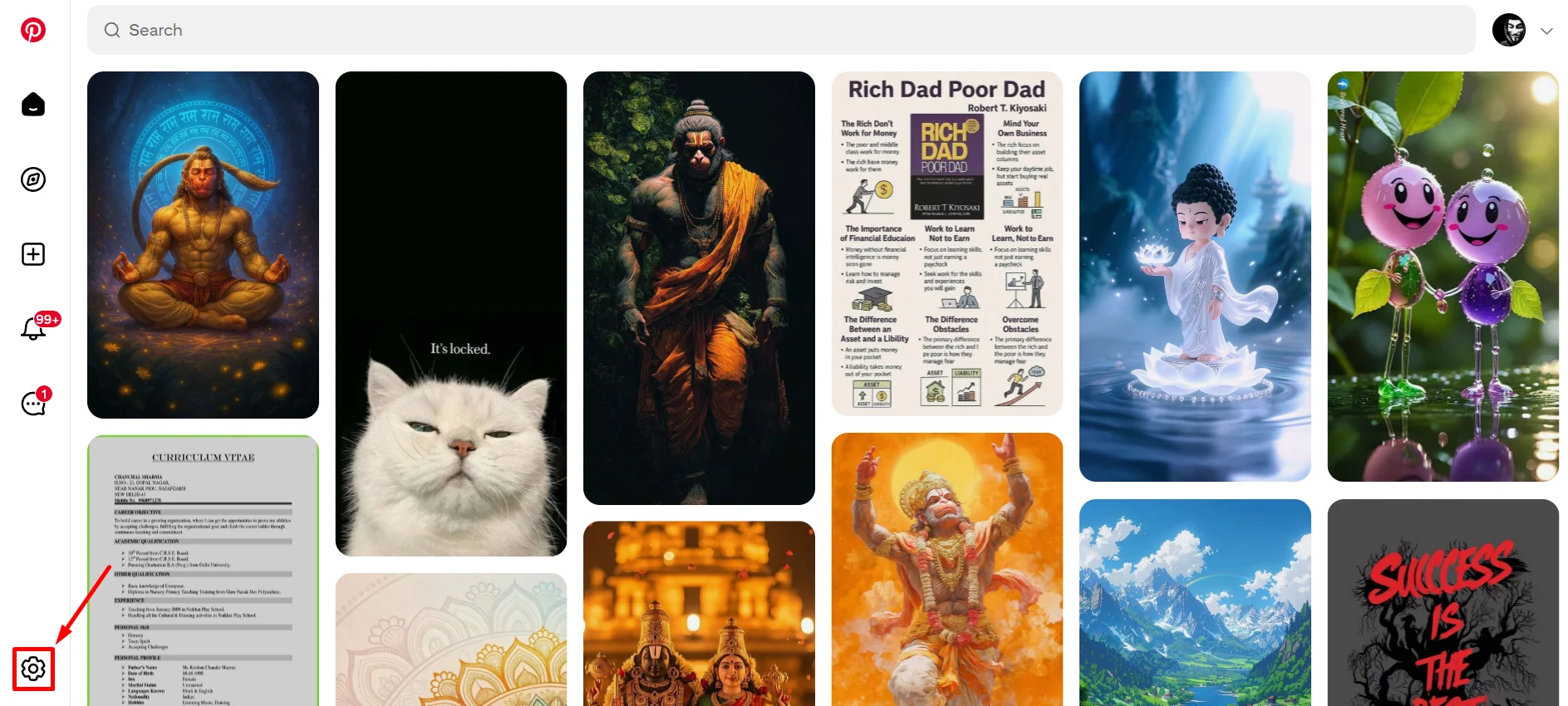 On a Pinterest personal account, click the gear icon in the bottom left corner to open Settings