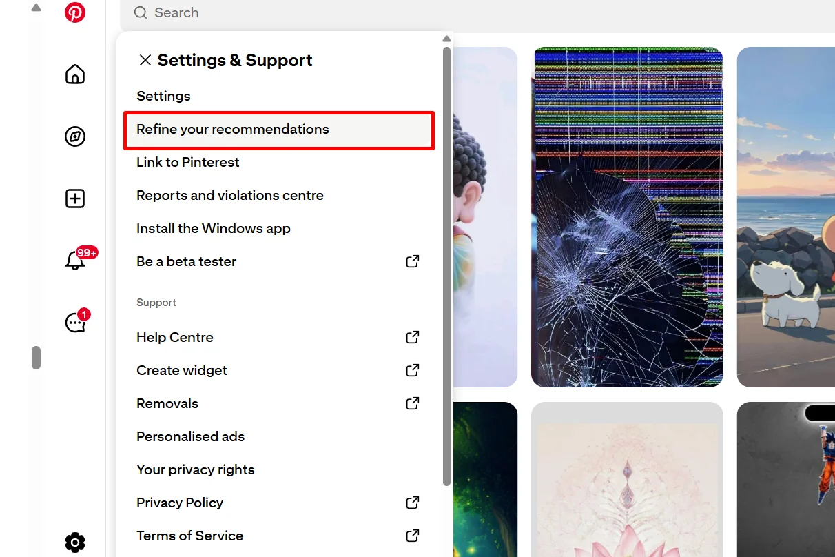 Go to Refine your recommendations section in Pinterest settings
