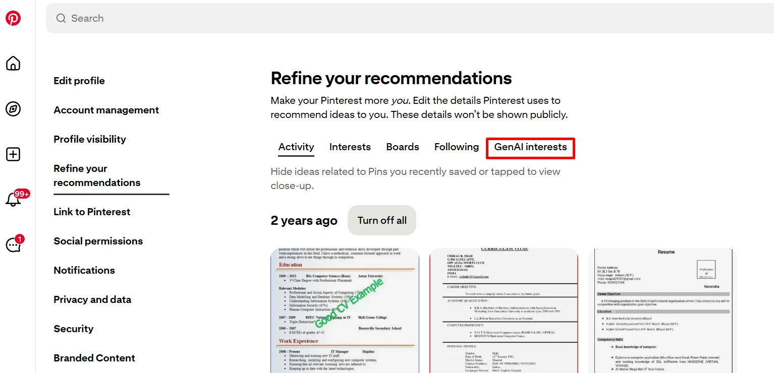 On the Pinterest website using a PC, click the GenAI interests option in settings