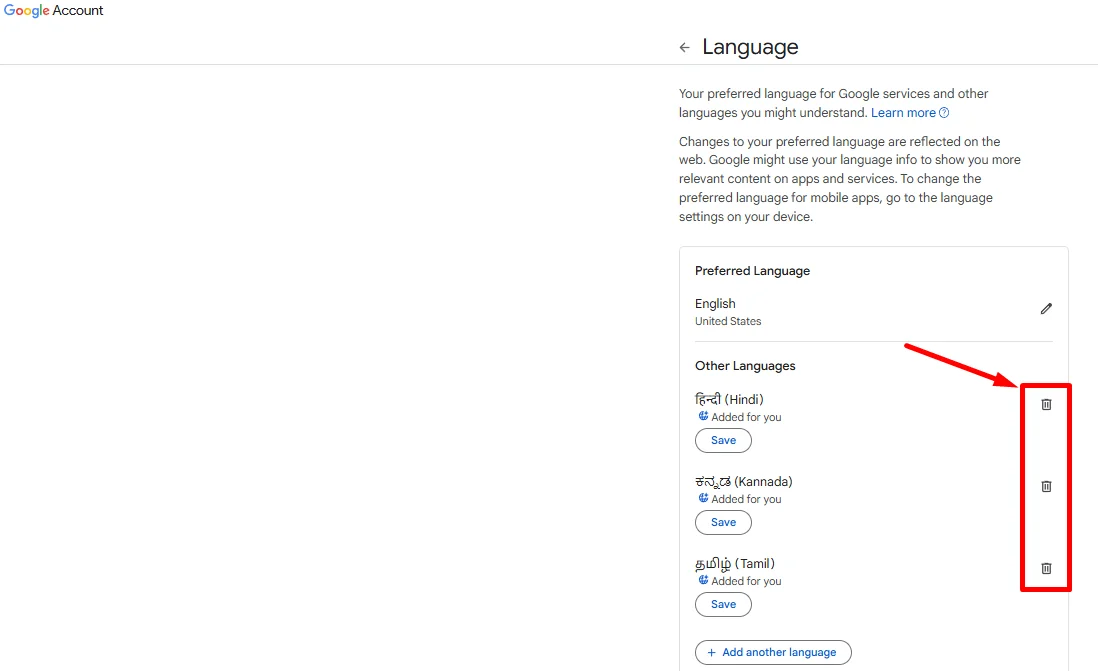 In Google Account language settings on computer, click the delete icon next to the automatically added language