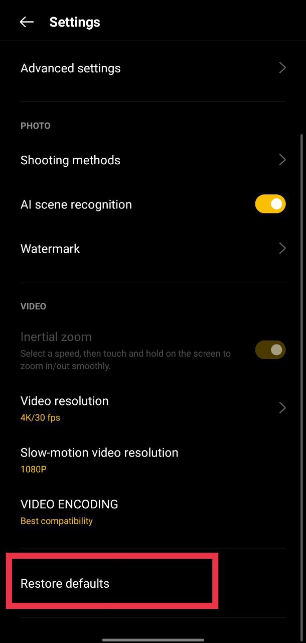 Use Restore Defaults option in the Camera app to reset settings