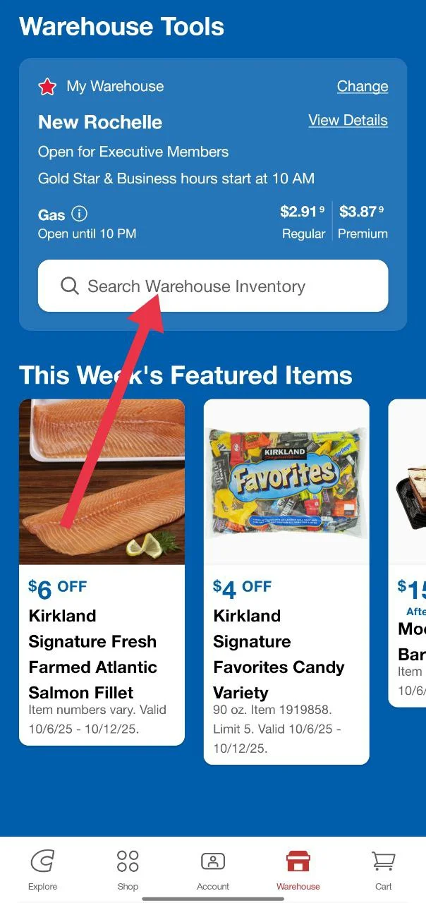 Open the Search Warehouse Inventory option in the Costco app to find items available in the warehouse