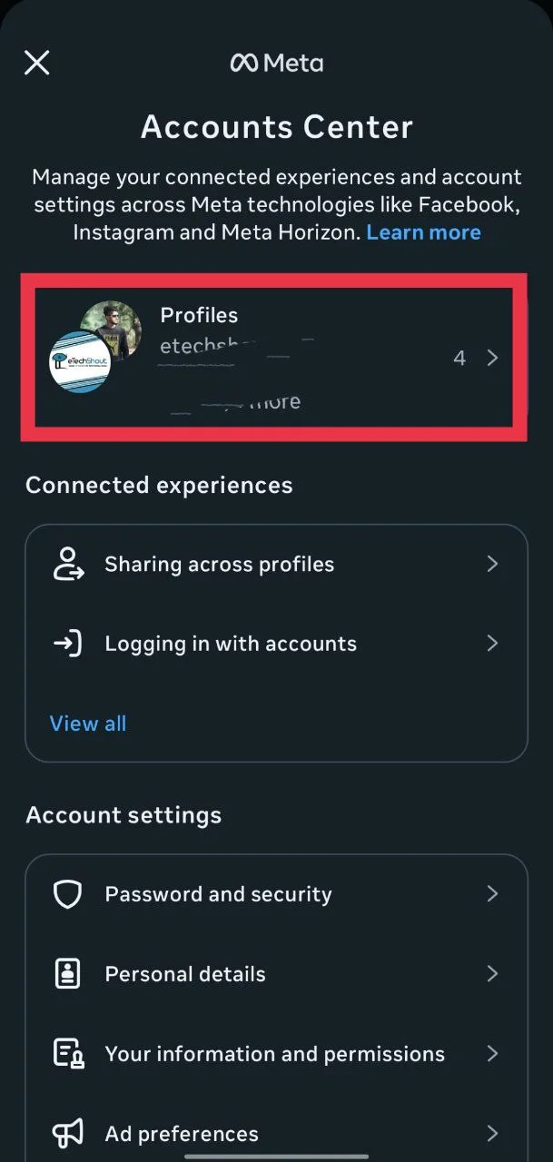 In the Account Centre, select “Profiles” and tap on “Facebook” to connect your account