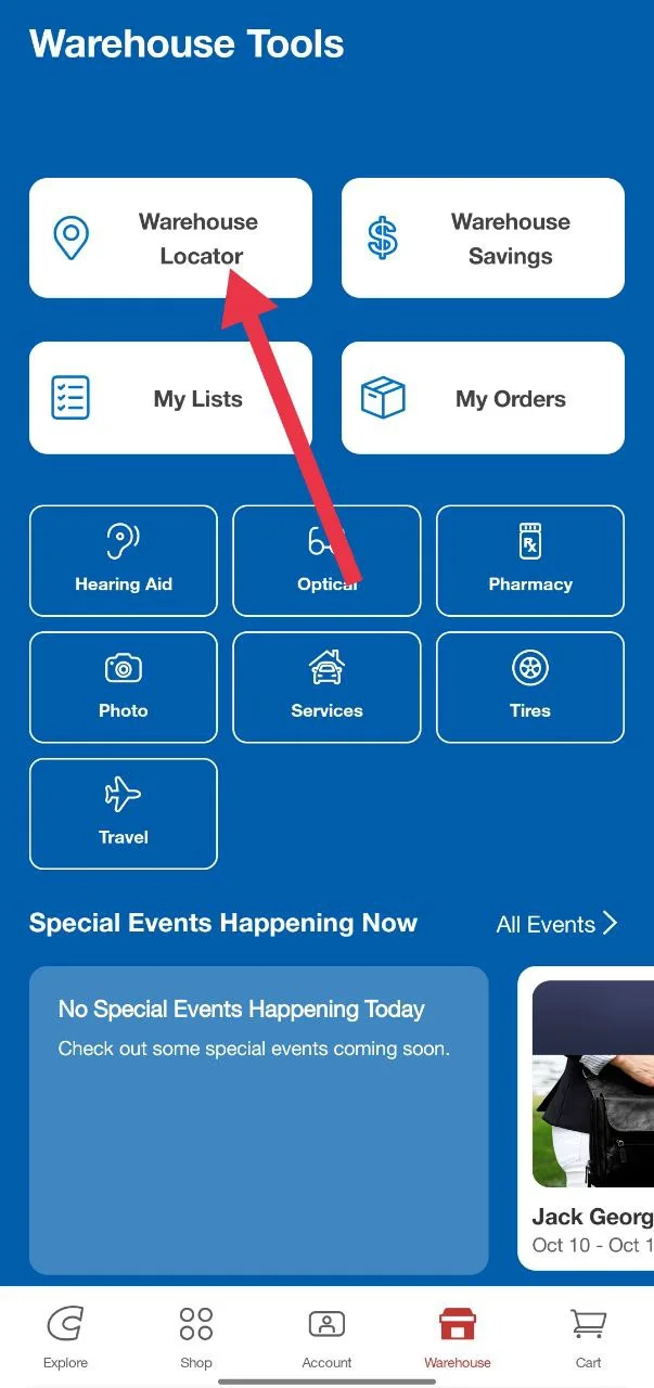 Select Warehouse Locator in the Costco app to view nearby Costco warehouses and their details