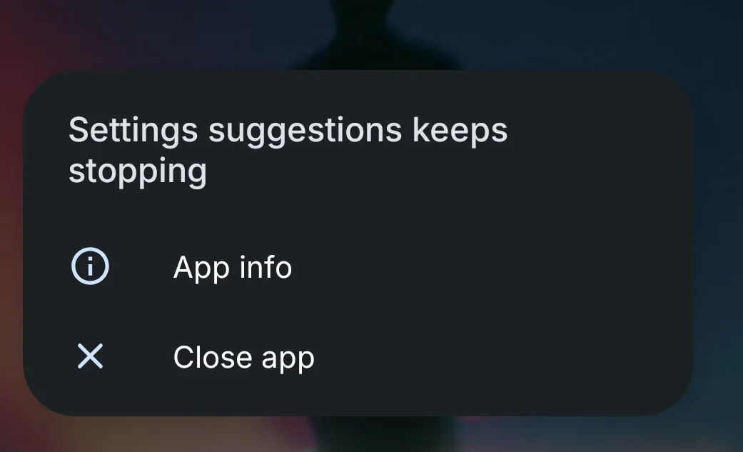 Screenshot showing “Settings Suggestions keeps stopping” error message on Android device