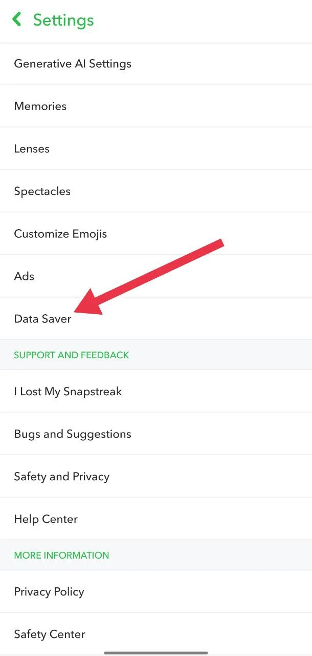 Data Saver option in Snapchat settings