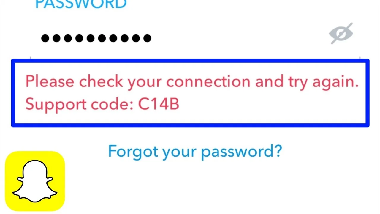 Screenshot of Snapchat showing the error message "Something went wrong. Please try again later. Support code: C14B.