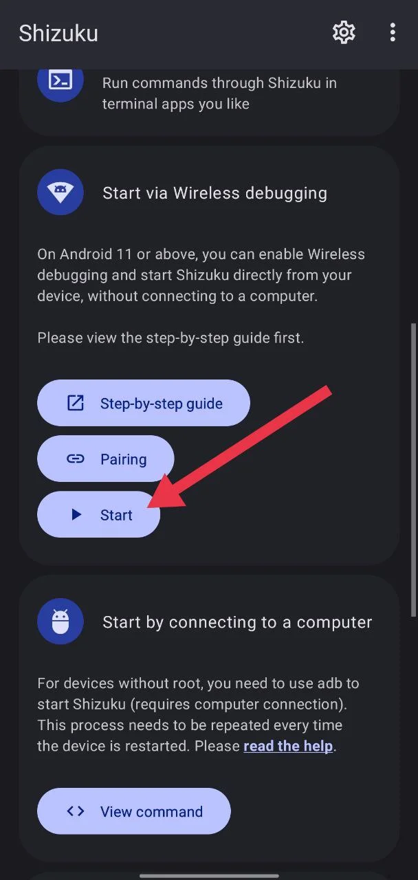 Open the Shizuku app and tap Start to activate the service