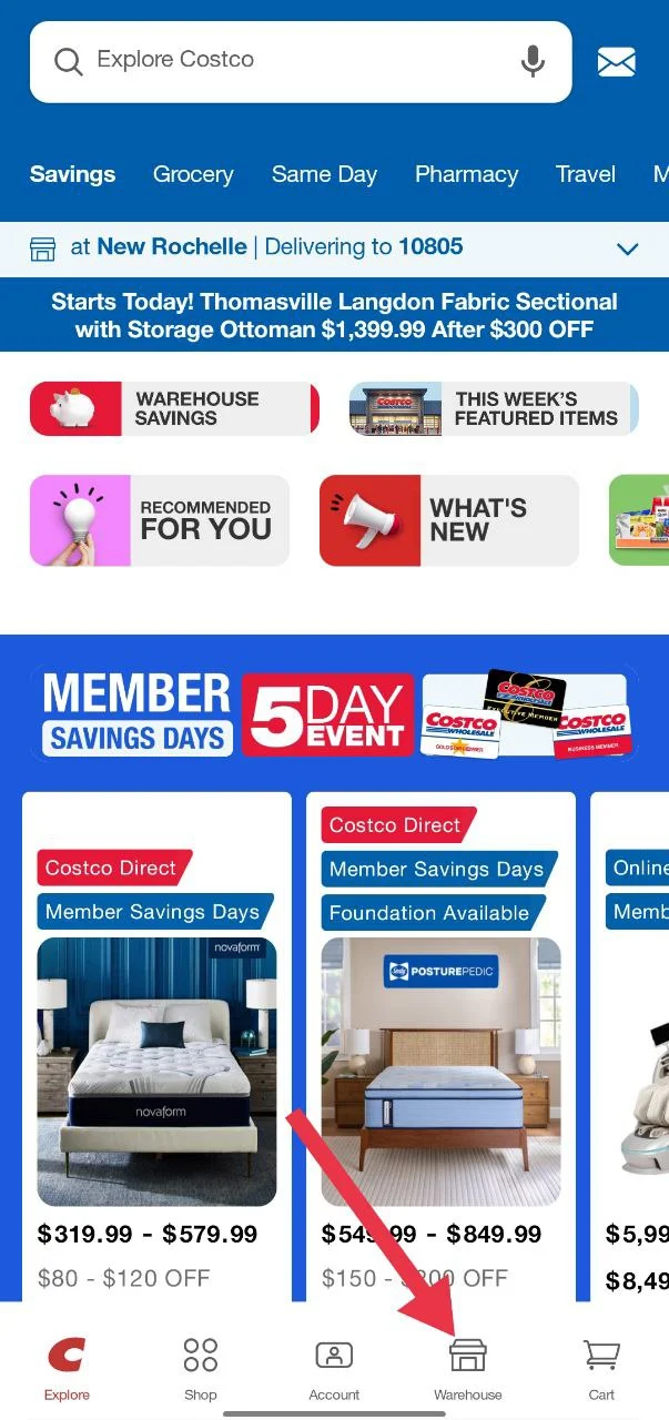 Tap on the Warehouse option in the bottom bar of the Costco app beside the Account section