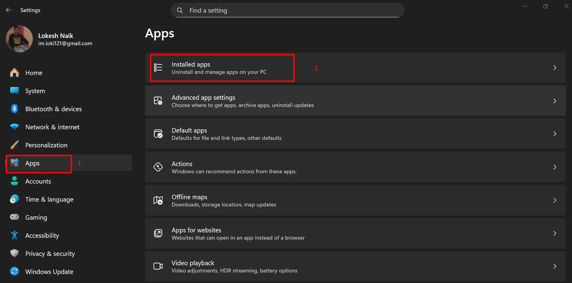 Windows Settings with the Apps > Installed Apps section
