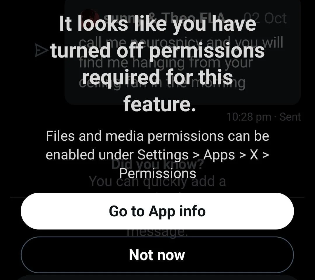 X (Twitter) error message on screen saying “It Looks Like You Have Turned Off Permissions Required for This Feature” while trying to upload photo or video