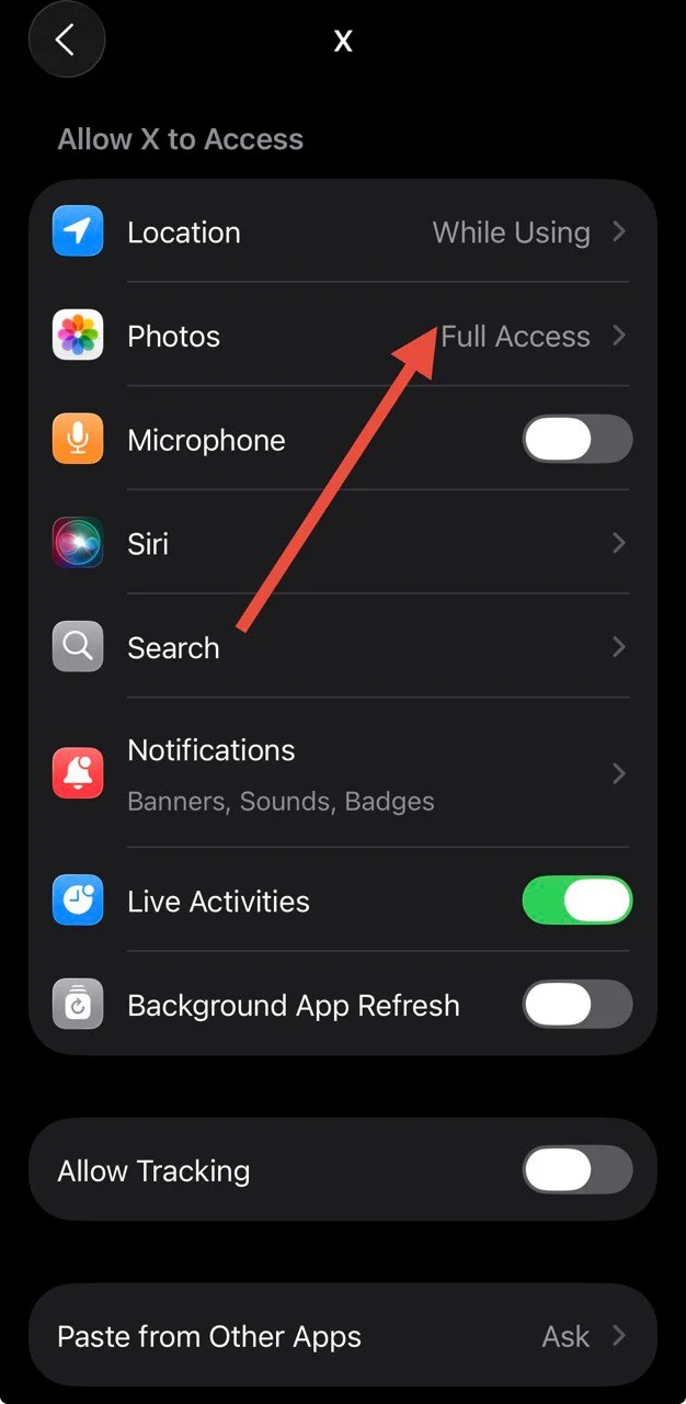Tap on Photos and select Full Access for X (Twitter) on iPhone