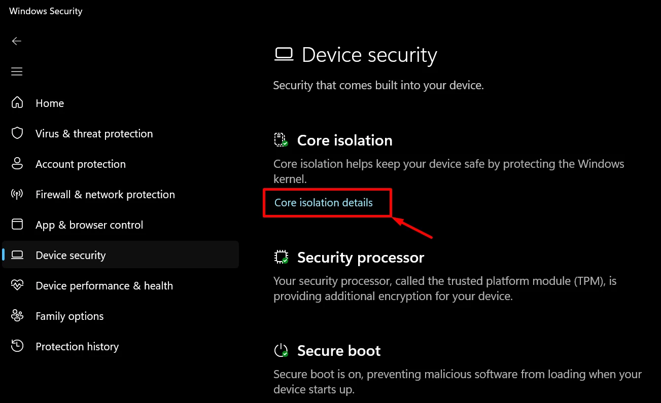 Windows Device security page showing the Core Isolation section