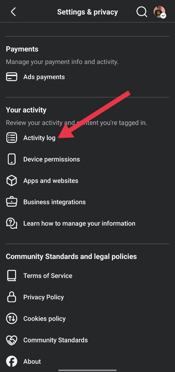 activity log section under your activity on facebook app