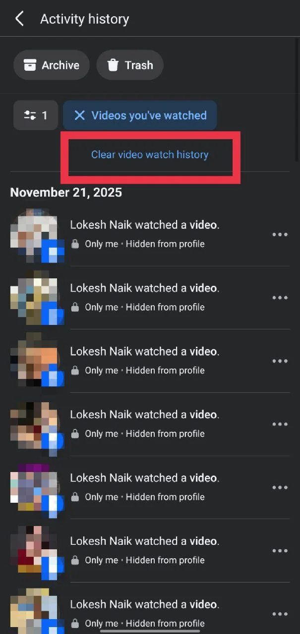 clear video watch history button on facebook app