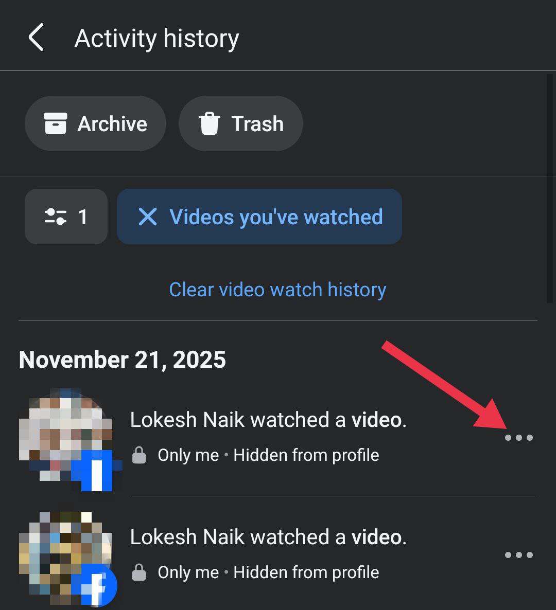 tap the three dots beside a video in the videos watched list on the facebook app to delete it