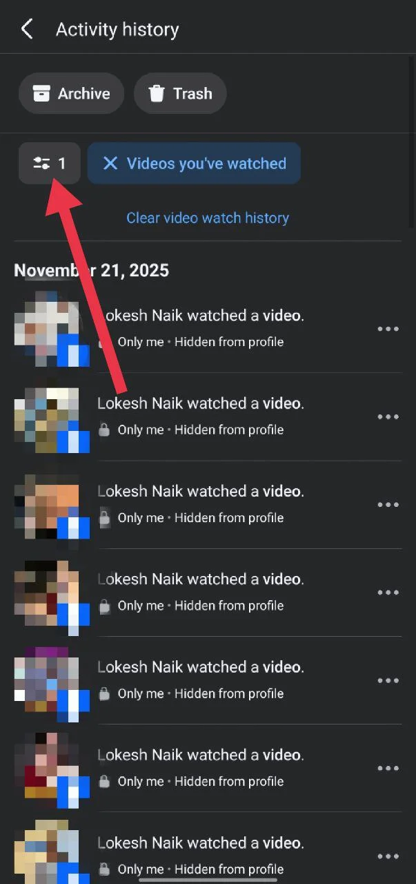 filter icon on facebook app to choose date range for watch history