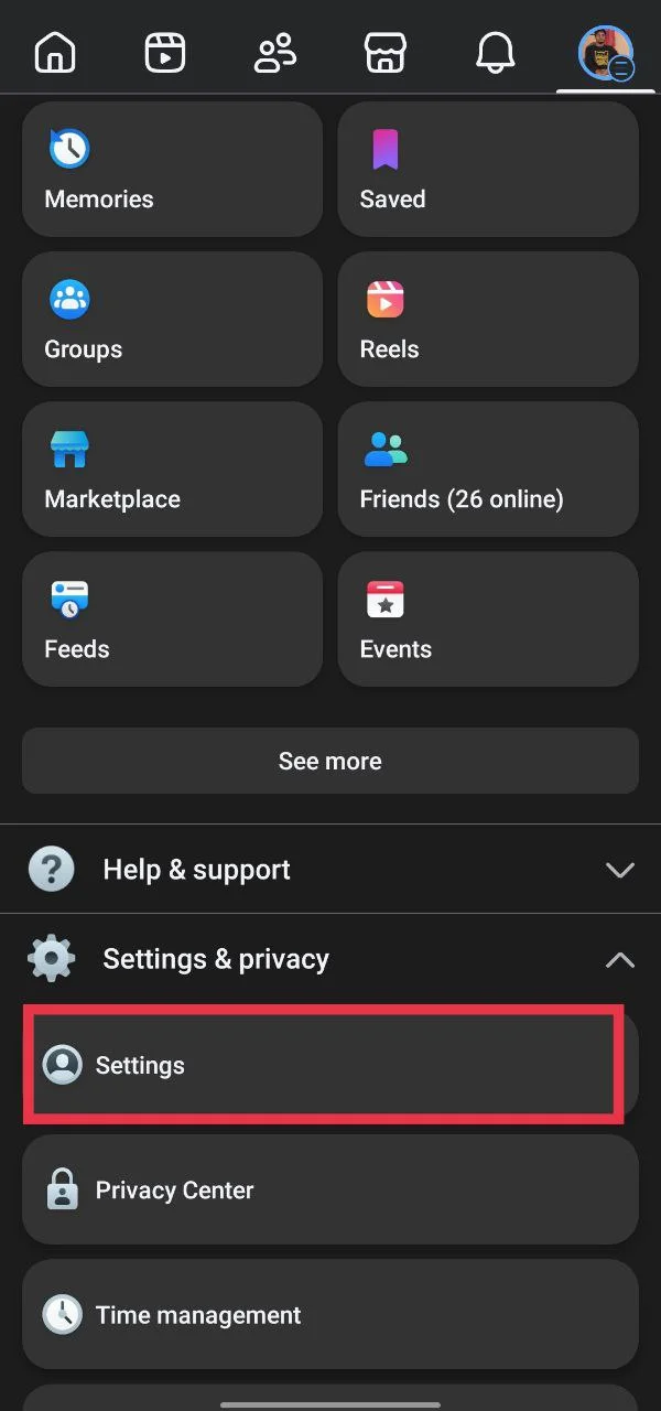 facebook app showing settings and privacy option