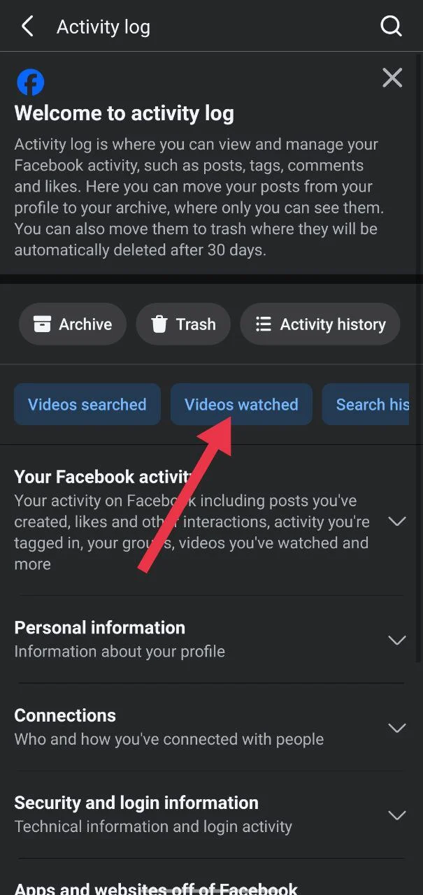 videos watched tab inside activity log on facebook app